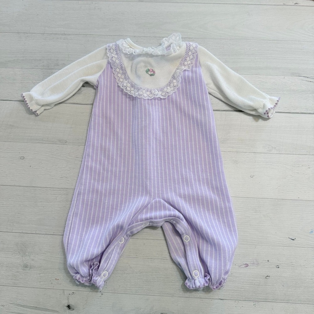 Vintage baby‎ girl purple stripe one piece outfit 6/9 months
